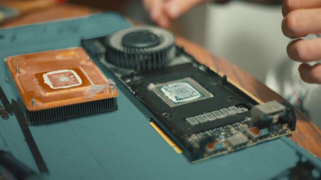 Repairing a graphics card and cleaning dust from computer parts in a workshop