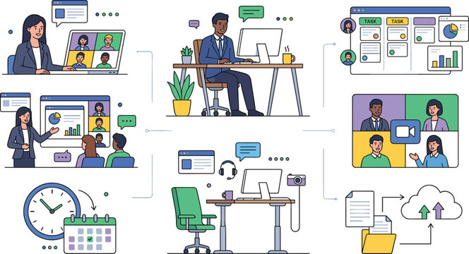Remote work and online communication vector illustration featuring virtual meetings productivity collaboration and digital office workspace