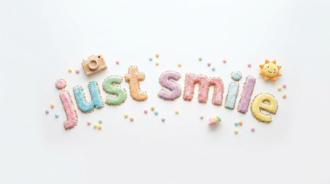Just smile text formed with colorful sugar confectionery glitter near wooden camera toy and small plush sun on white background, childhood happiness concept