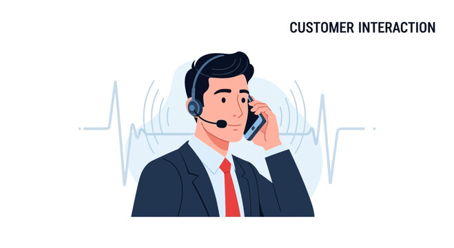 Customer Service Agent with Headset Talking on Phone, Sound Waves, Business Communication