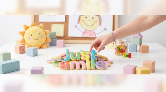 Child hand reaching for just smile text written with colorful icing biscuits near wooden toy blocks and plush sun, childhood happiness and education concept