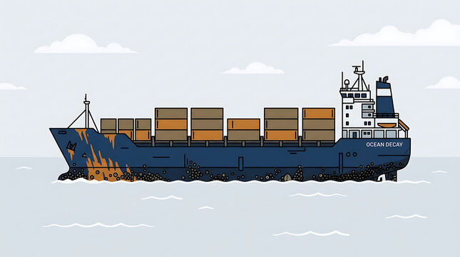 Minimalist Dirty Container Ship with Barnacles Wallpaper &ndash; Flat Ocean Art