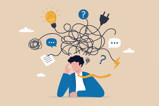 Overthinking, anxiety caused by thinking too much, lost in chaos decision, messed up process or confusion thought concept, human head with messy chaos cable line of electric plug and lightbulb ideas