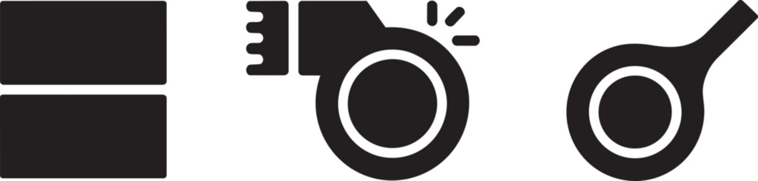 Rectangles, a whistle, and a compressor icons set and rectangle, interface, and and collection three in outline style