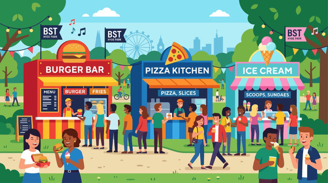 A vibrant flat design illustration showcasing diverse food stalls at BST Hyde Park, depicted with simple, clean shapes and a limited color palette