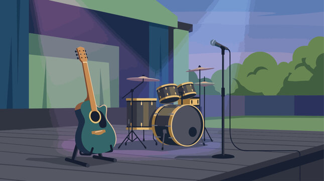A clean flat design illustration featuring stylized music instruments on an empty stage at BST Hyde Park, rendered with simple shapes and a limited color palette. 