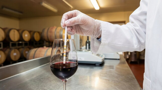 Wine quality control analysis with test strip in traditional winery cellar, ensuring beverage production standards.