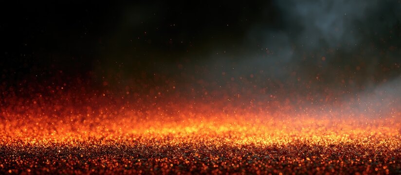 Fiery particles ascend into dark, smoky atmosphere
