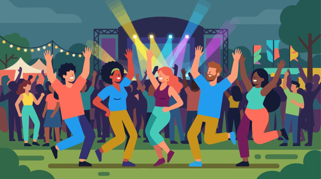 An energetic flat design illustration showing diverse people dancing joyfully at BST Hyde Park, rendered with dynamic poses and a vibrant, limited color palette.