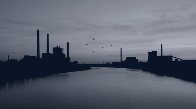 Industrial landscape with river and flying birds