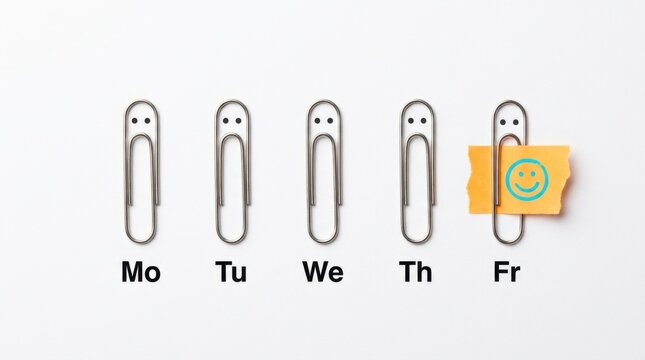 Paper clips with drawn eyes representing weekdays from Monday to Friday with a smile face icon on orange note paper, weekend arrival and work motivation concept