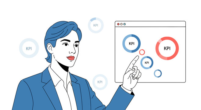 Businesswoman analyzing KPIs on a digital dashboard, data visualization concept