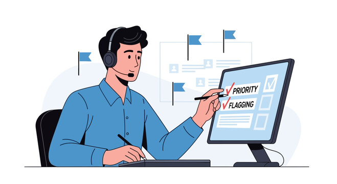 Business operator organizing tasks on computer screen with priority checklist