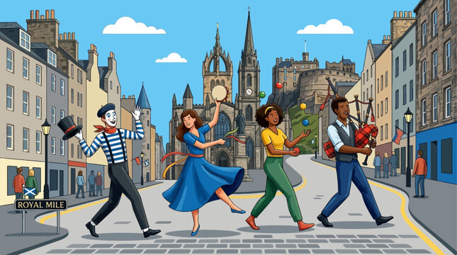 A lively flat design illustration captures a diverse parade of street performers&mdash;jugglers, musicians, mimes, and dancers&mdash;celebrating the vibrant spirit of the Edinburgh Fringe Festival. 