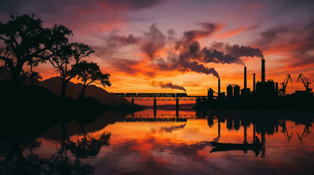 Industrial landscape at sunset with train and factory