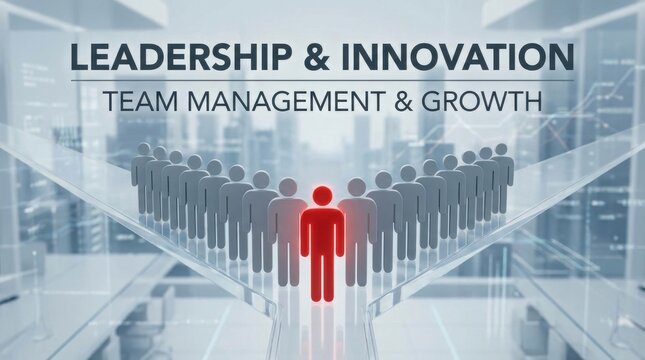 Leadership and innovation concept illustration with a glowing red figure leading gray team icons on abstract glass office and financial chart background