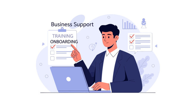 Business Support Man Pointing at Training Onboarding Checklist Laptop
