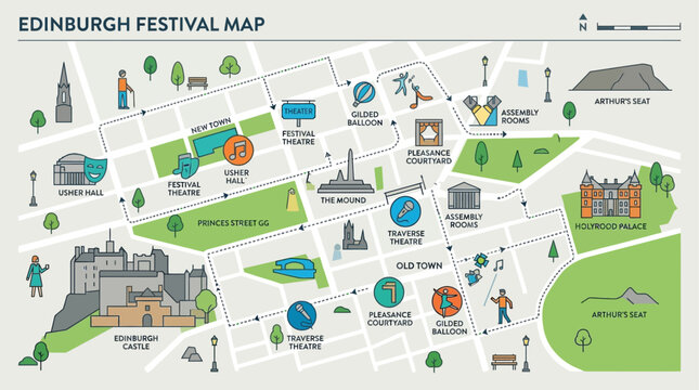 A flat design illustration presents a simplified map of central Edinburgh, clearly marking various Fringe Festival venues with distinct icons and showing navigation paths. 