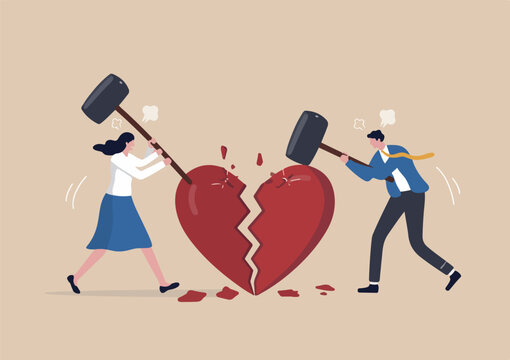 Marriage difficulties problem, divorce or violence painful in broken relationship couple concept, angry couple husband an wife using big hammer to hit broken heart shape metaphor family problem