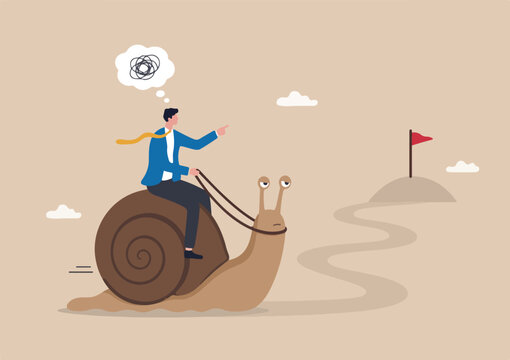 Slow growth, inefficient or stupid mistake, businessman idiot leader riding slow snail never reach goal, losing business competition