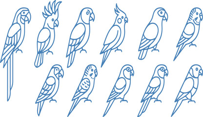 Fototapeta premium Geometric Parrot Icons Set Stylized Blue Line Art On free image downlod White Background vector illustration