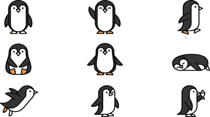 Obraz premium Set of Eight Cute Penguin Cartoon Icons in Various Poses on free image downlod White Background collection