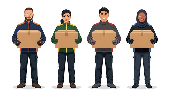 Diverse and professional delivery team ready to transport packages efficiently, representing global courier services