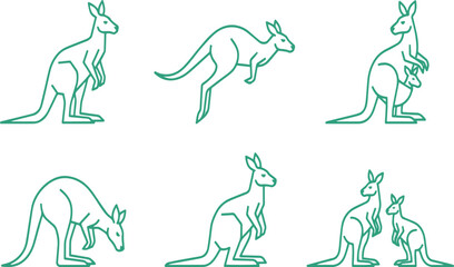 Fototapeta premium Simple Green Line Art Kangaroos in Various Poses with Baby marsupial animal free image downlod