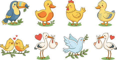 Fototapeta premium Cute Kawaii Bird Character Vector Set Featuring Toucan Duck Hen Lovebirds Dove of Peace and Stork Carrying Baby for Kids Graphic Designs