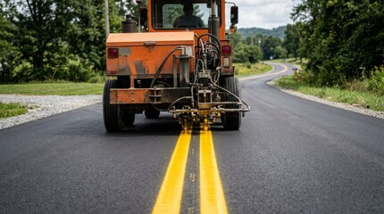 Naklejka premium Orange asphalt paving machine moves along fresh road with double yellow lines