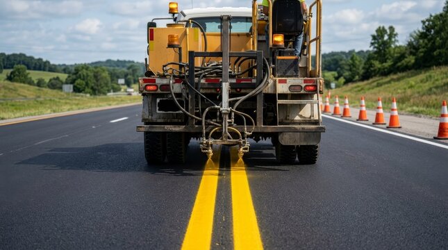 Paving machine operating on fresh asphalt beside orange road work cones.