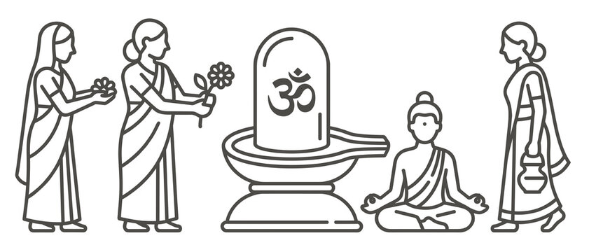 Outline om shivaling vector illustration featuring Hindu devotees in traditional attire offering flowers and meditating in a holy worship ceremony.