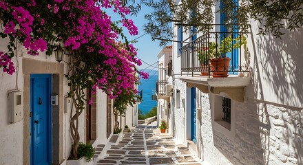 Fototapeta premium Narrow street with blue doors and pink flowers.
