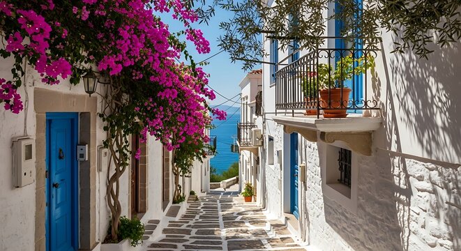 Narrow street with blue doors and pink flowers.