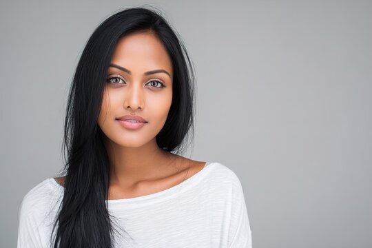 A beautiful young woman with long black hair and a white shirt