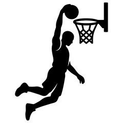 a black silhouette of a basketball player in mid-air doing a slam dunk © Saiful