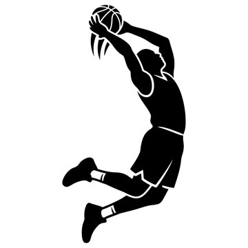 A black silhouette of a basketball player in mid-air, performing a slam dunk.