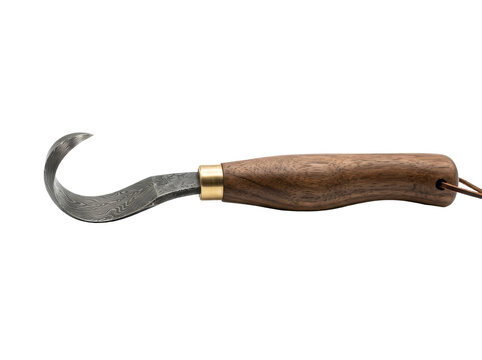 Damascus steel hook knife for wood carving isolated on transparent background