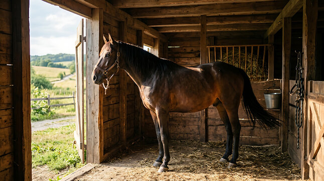 Majestic brown equine standing peacefully inside a rustic wooden stable, gazing at the sunlit countryside view