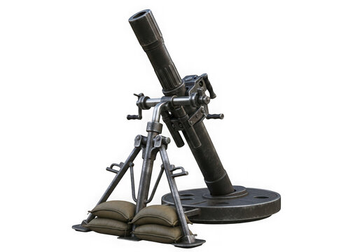 Military mortar weapon with sandbags for defense