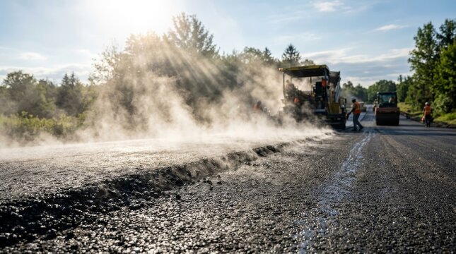 Road construction crews pave asphalt as steam rises near machines and workers.
