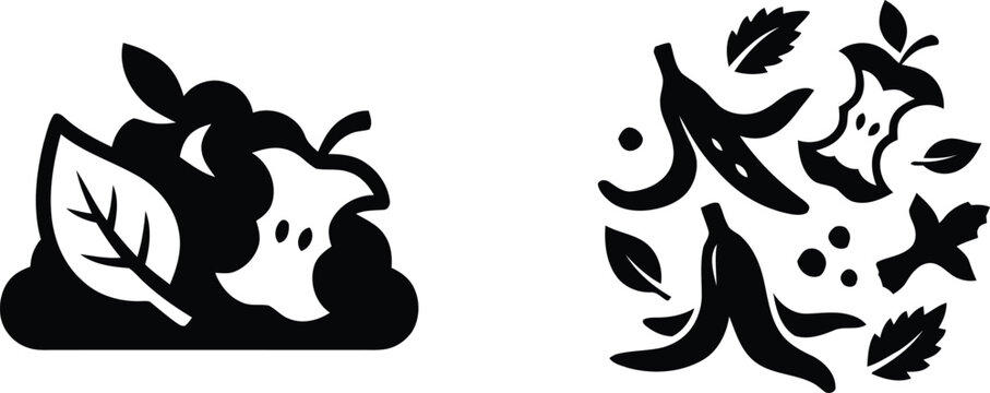 Organic food waste and fruit scrap icons featuring apple core and banana peel for composting programs and sustainable recycling to improve soil health and the environment.