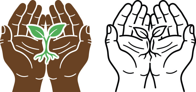 Flat and outline vector icons showing hands holding a young green plant with visible roots representing new beginnings nature care and sustainable development in agriculture.