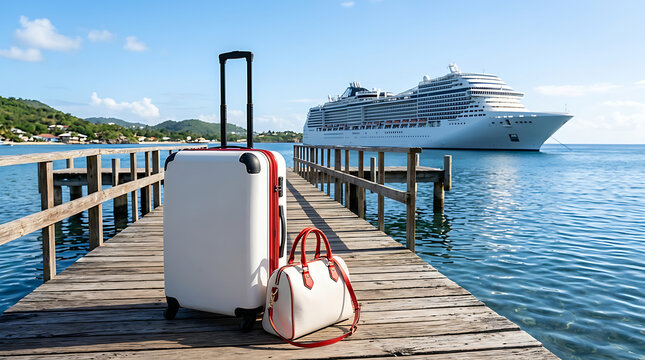 Luggage set on a wooden pier with a luxury cruise ship in the background on a sunny day
