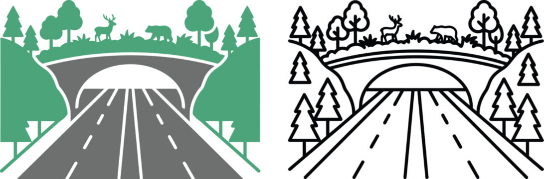 Wildlife overpass bridge crossing over a highway road vector icon set in flat solid and outline styles for animal nature conservation and ecological environment safety design.