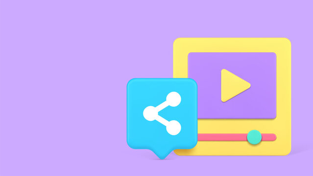3d video player with share icon for social media content. Minimalist cartoon vector illustration for digital marketing, streaming services, and online communication concepts