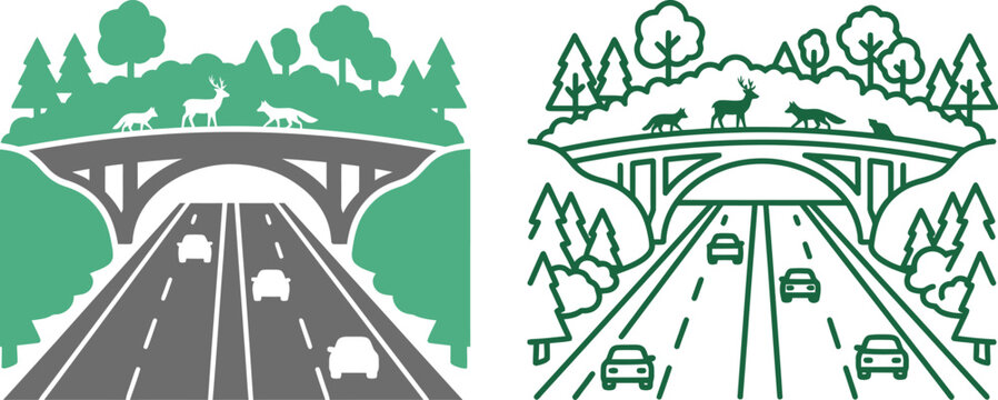 Vector design of a wildlife overpass bridge over a busy highway with driving cars featuring animals safely crossing in flat solid green and detailed black outline styles.