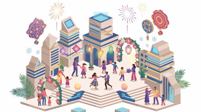 Vibrant illustration of people celebrating in front of a colorful building with fireworks and balloons in the air on a white background.