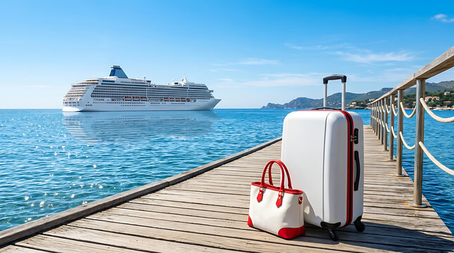 Perfect summer escape stylish luggage awaiting a magnificent cruise ship on a wooden pier
