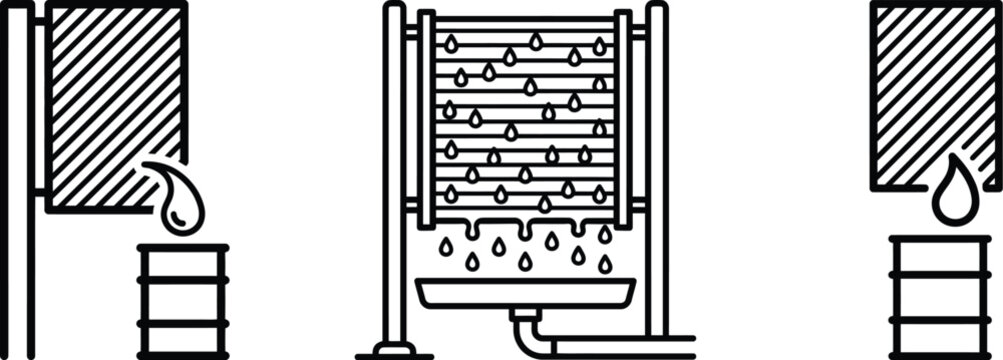 Minimalist industrial line icon set depicting oil filtration and liquid collection processes into barrels for manufacturing energy production and chemical engineering sectors.